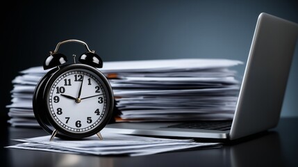Close-up of an alarm clock near a laptop at a desk with paperwork in an office. The concept of time management, business 