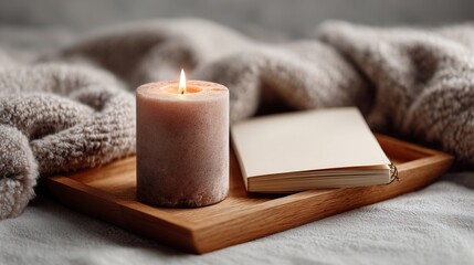 Cozy candlelit scene with a lit pillar candle and a closed notebook on a wooden tray, surrounded by soft textured blankets. Warm light creates a peaceful, intimate atmosphere.