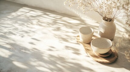 Light-drenched, minimalist scene with beige ceramic ware and dried flowers