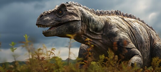 A haunted gothic Iguanodon perched on a wind-swept hill art, generative ai