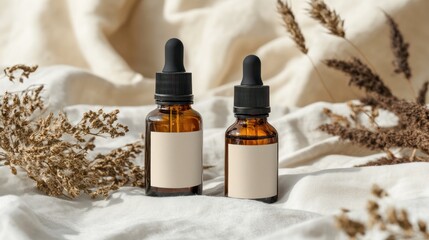 Two amber glass dropper bottles with cream-colored labels sit on a light beige linen surface. Dried grasses and reeds frame the bottles