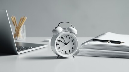 Close-up of an alarm clock near a laptop at a desk with paperwork in an office. The concept of time management, business 