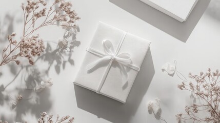 White gift box with ribbon, surrounded by dried flowers