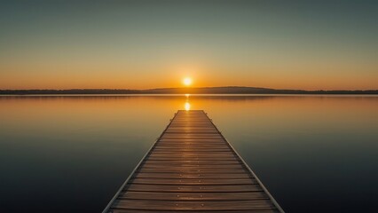 Obraz premium Serene sunrise over a calm lake, with a wooden dock leading into the tranquil waters.