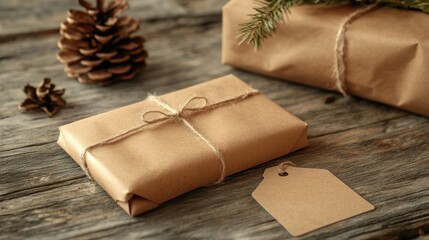 Wrapped gift on rustic wooden table with pine cones and greenery