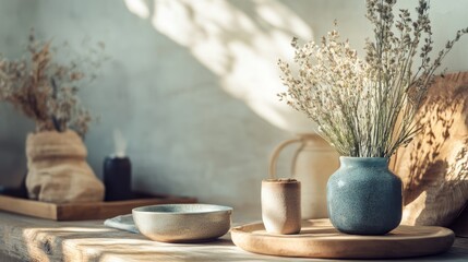 Rustic, sunlit home decor, dried flowers in vase