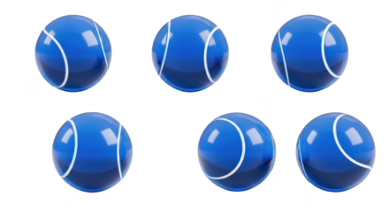 Six glossy blue tennis balls lined up against a white background possibly for sports or abstract design