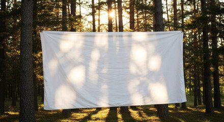Blank white fabric banner in a forest at sunset.