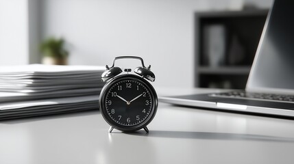 Close-up of an alarm clock near a laptop at a desk with paperwork in an office. The concept of time management, business 