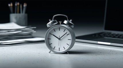 Close-up of an alarm clock near a laptop at a desk with paperwork in an office. The concept of time management, business 