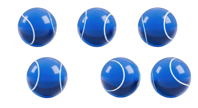 Six glossy blue tennis balls lined up against a white background possibly for sports or abstract design