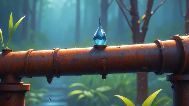 A single raindrop on a rusty pipe