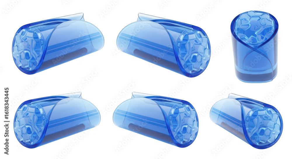 Aufkleber blue transparent ice mold with ice inside various angles on white background creating ice cubes for 