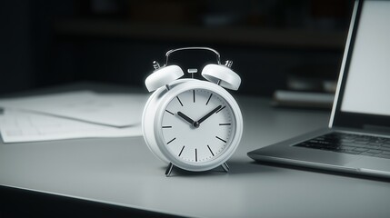 Close-up of an alarm clock near a laptop at a desk with paperwork in an office. The concept of time management, business 