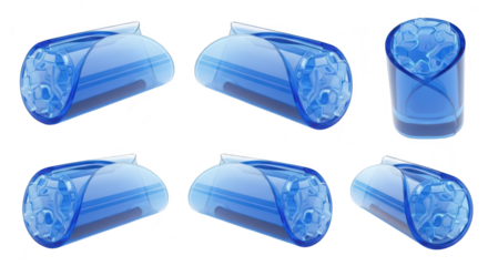 Blue transparent ice mold with ice inside various angles on white background creating ice cubes for chilling drinks