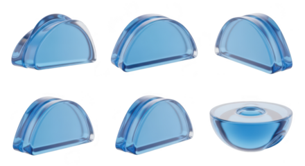 Transparent blue glass domes isolated multiple angles on white abstract concepts for design elements