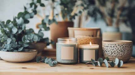 Two teal candles, lit, on a wooden surface, surrounded by potted eucalyptus plants and ceramic bowls