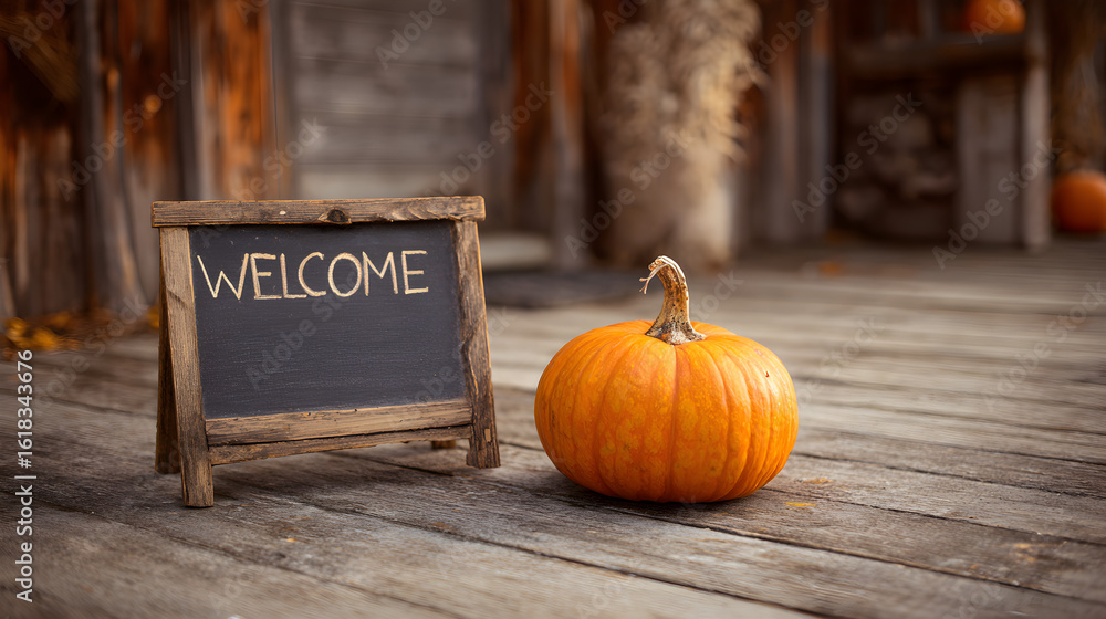 Poster pumpkin placed beside a welcome signboard with its surface left smooth and open for message addition