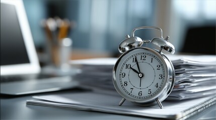 Close-up of an alarm clock near a laptop at a desk with paperwork in an office. The concept of time management, business 