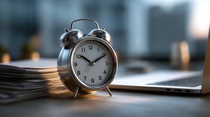 Close-up of an alarm clock near a laptop at a desk with paperwork in an office. The concept of time management, business 