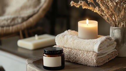 A warm, inviting spa scene with candle, towels, and dried flowers