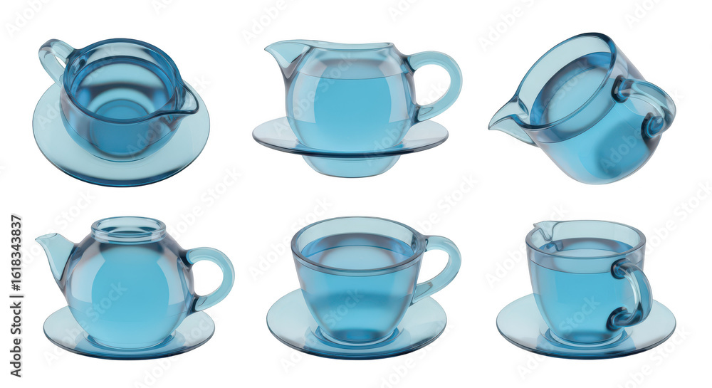 Poster a set of transparent teacups and teapots filled with blue liquid are artfully arranged for display s
