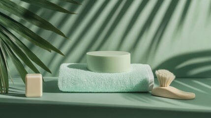 Mint green spa scene with soap, towel, and brush
