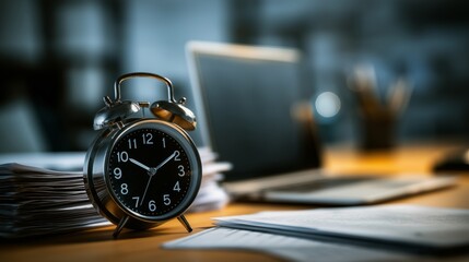 Close-up of an alarm clock near a laptop at a desk with paperwork in an office. The concept of time management, business 