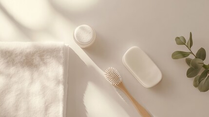Minimalist skincare and bath essentials, featuring a soft cream jar, a textured brush, a bar of soap, a towel, and eucalyptus leaves, all in a soft, light beige tone. Sunlight casts soft shadows