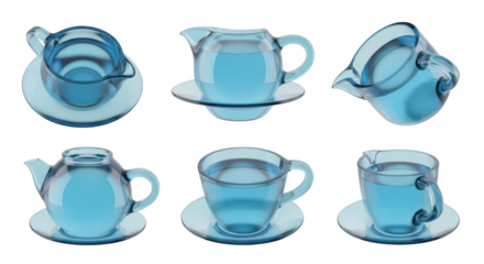 A set of transparent teacups and teapots filled with blue liquid are artfully arranged for display set on saucers against a pure white backdrop suitable for design