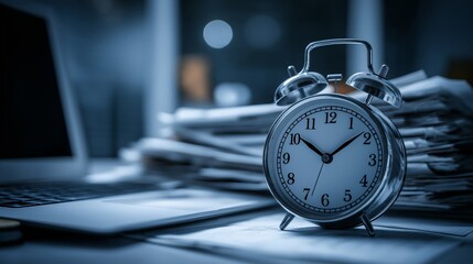 Close-up of an alarm clock near a laptop at a desk with paperwork in an office. The concept of time management, business 