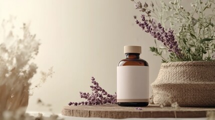Amber bottle with blank label, surrounded by lavender and dried flowers