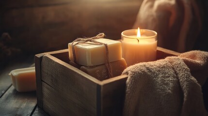 Wooden box with soaps and candle, warm lighting.  Soft, natural aesthetic