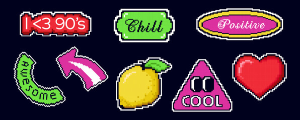 Retro pixel sticker pack with trendy words: 'i love 90's', 'awesome', 'cool', 'chill', 'positive'. Fun 8bit colorful badges for games or social media. Lemon, arrow, heart shapes.