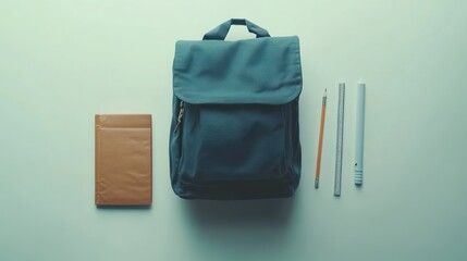 A teal backpack, brown notebook, and stationery items on a light background
