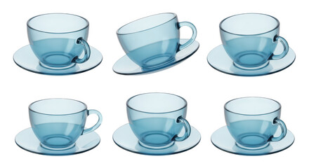 Set of clear blue glass teacups & saucers various angles on white for showcasing beverage presentation