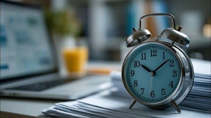 Close-up of an alarm clock near a laptop at a desk with paperwork in an office. The concept of time management, business 