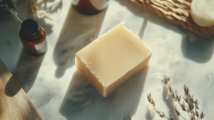 Natural soap bar on a marble surface, surrounded by natural elements