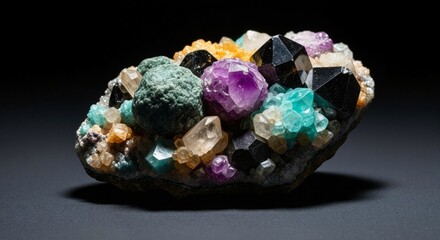 Natural mineral specimen with colorful, glittering crystals on display for science, geology, and spiritual concepts