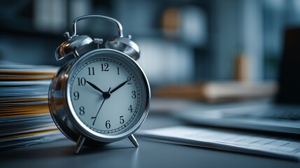 Close-up of an alarm clock near a laptop at a desk with paperwork in an office. The concept of time management, business 