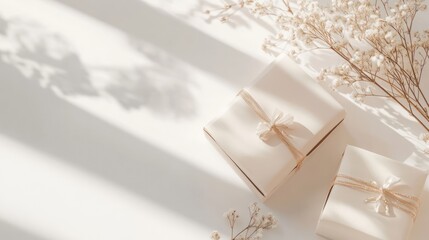 Light beige gift boxes with dried flowers, soft shadows
