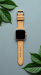 A smart watch with a natural cork strap sits on a gray background, surrounded by green leaves. Flat lay for sustainable tech