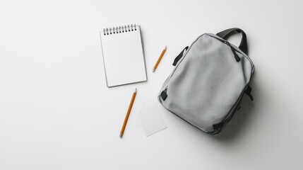 Gray backpack, notepad, and pencils on white background