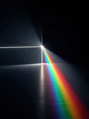 white beam of light passes through a small opening, dispersing into a vivid rainbow spectrum across a dark reflective surface, illustrating light diffraction and beauty in physics