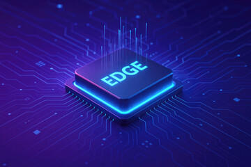 Modern microchip design showcasing edge computing technology on a vibrant circuit board illuminated by blue light in a digital environment