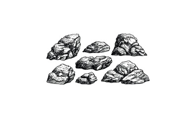 Detailed ink drawings of various rocks on white background. Vector retro hand drawn illustration