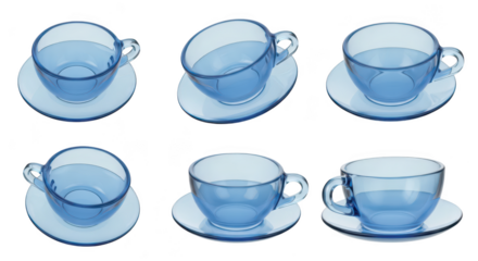 Glass teacups with water & saucers arranged on a white background showcasing variety for design concepts