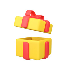 Open the yellow gift box with red ribbon isolated 3d render icon illustration