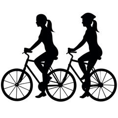 Obraz premium Two women silhouetted riding bicycles side by side
