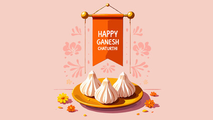 Vector art of happy ganesh chaturthi festival with modak sweets and flowers